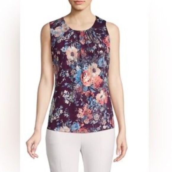 Calvin Klein Petite Sleeveless Printed Pleat-Neck Top Purple - Picture 1 of 6